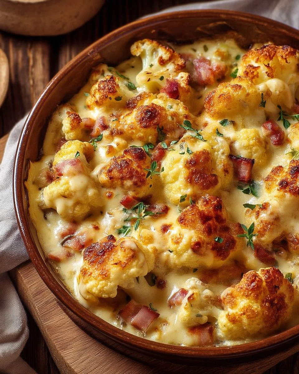 Gratin de chou-fleur au lard et moutarde, un plat délicieux et réconfortant.
