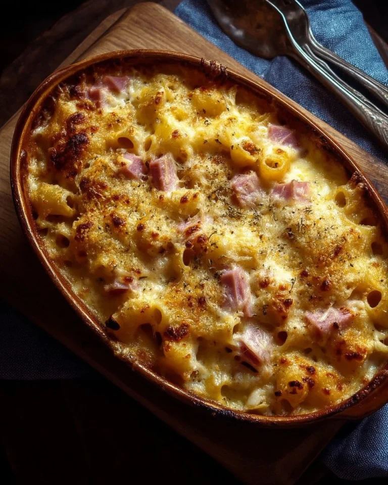 Gratin de pâtes au jambon et fromage doré et appétissant, prêt à être dégusté.