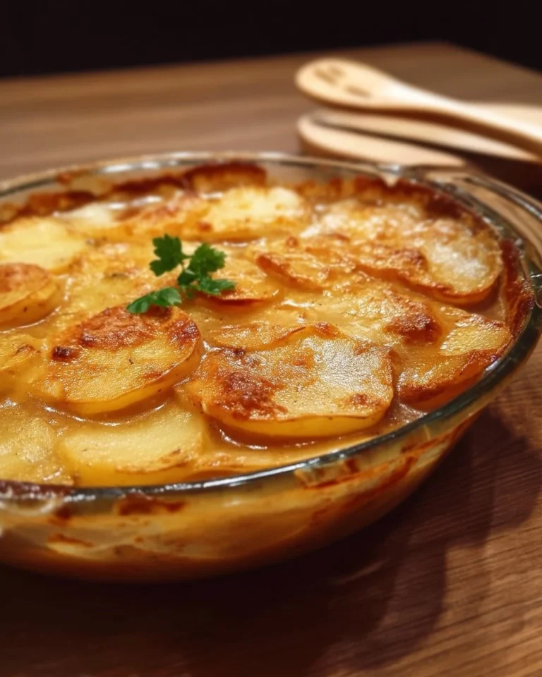 Gratin de pommes de terre au bouillon de boeuf, un plat réconfortant et savoureux.