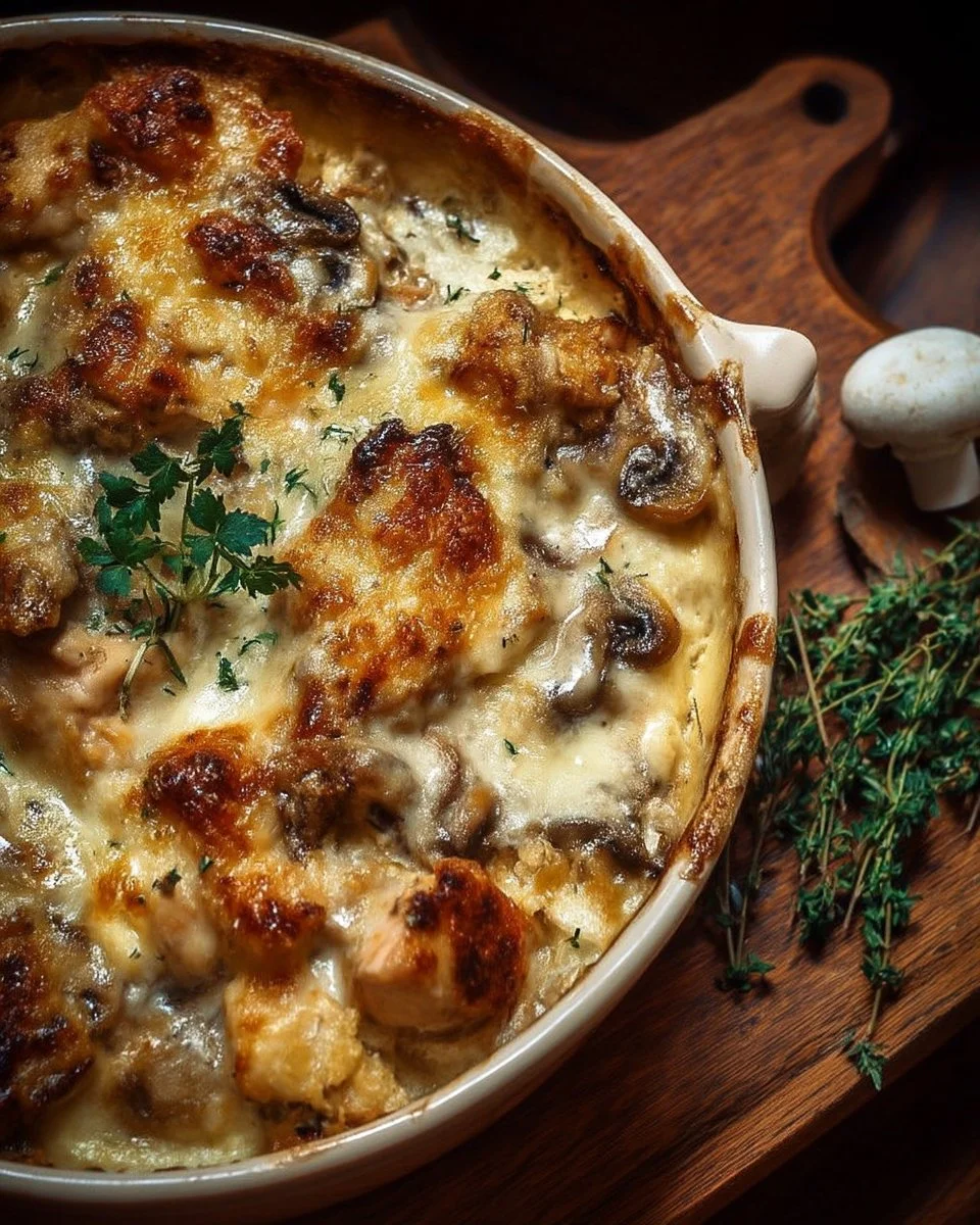 Gratin de poulet à la crème et champignons servi dans un plat.