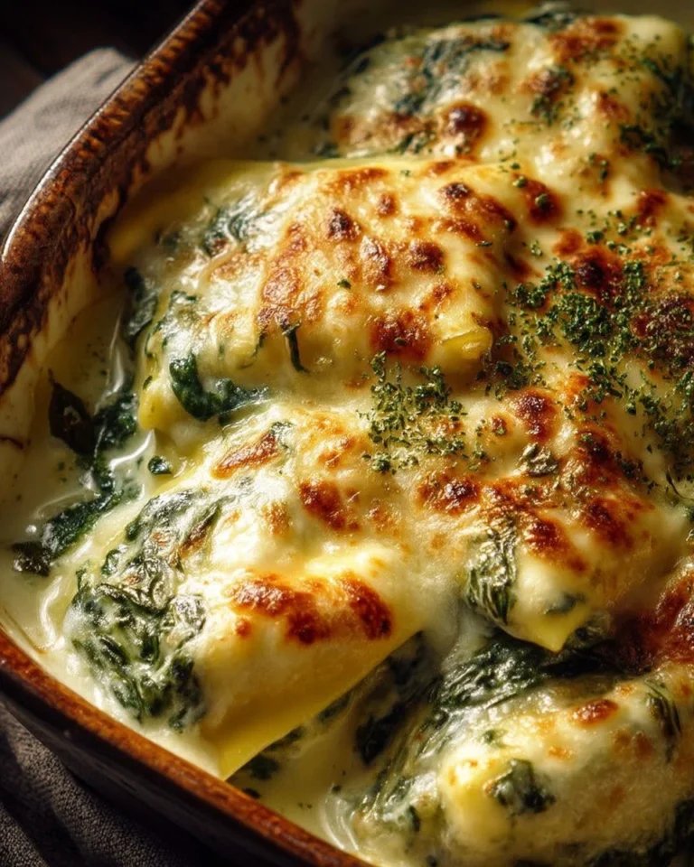 Gratin de ravioles aux épinards et fromage en plat savoureux