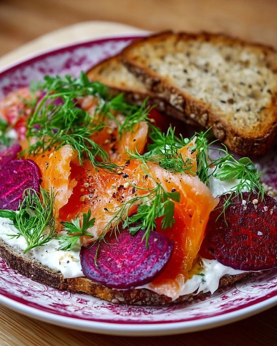 Gravlax de saumon à l'aneth et betterave sur assiette