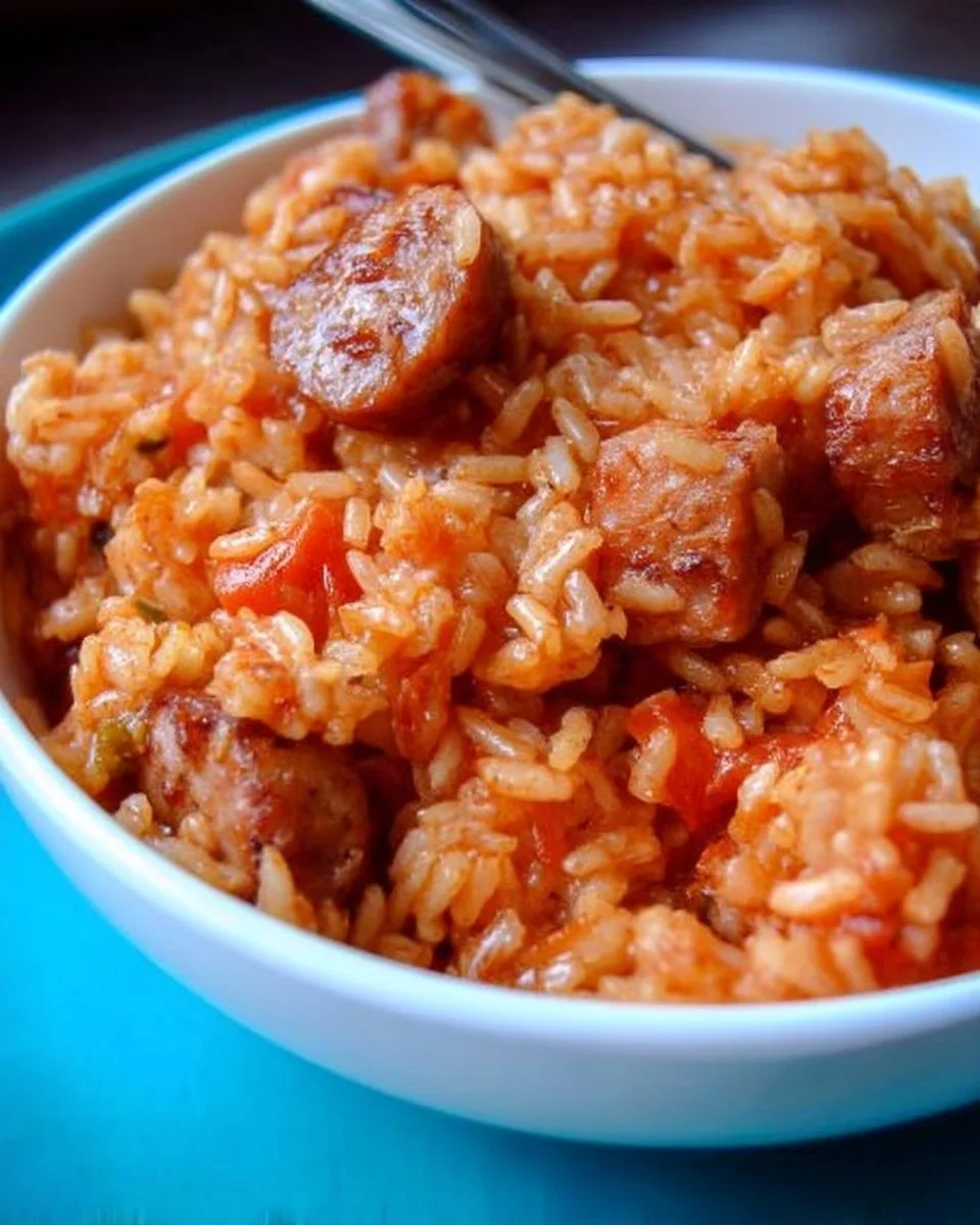 Un plat de jambalaya style Tout-en-un avec des ingrédients savoureux.