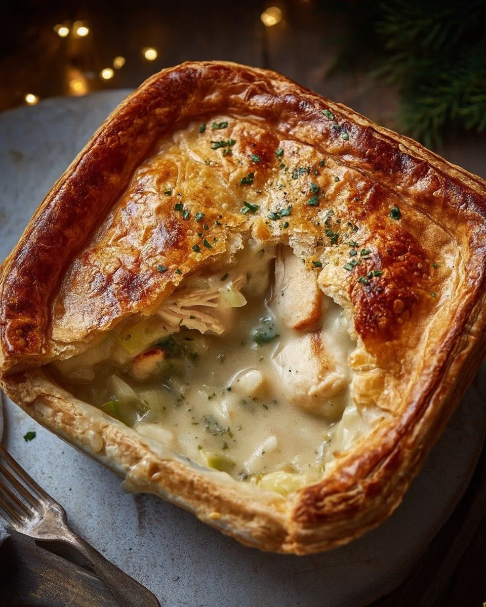 Tourte de Poulet, Poireaux et Crème servie dans une assiette