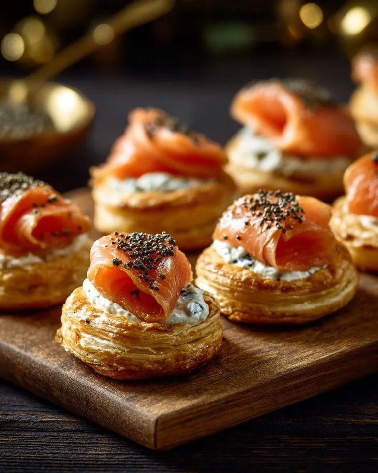 Mini feuilletés au saumon et fromage frais sur un plateau apéritif