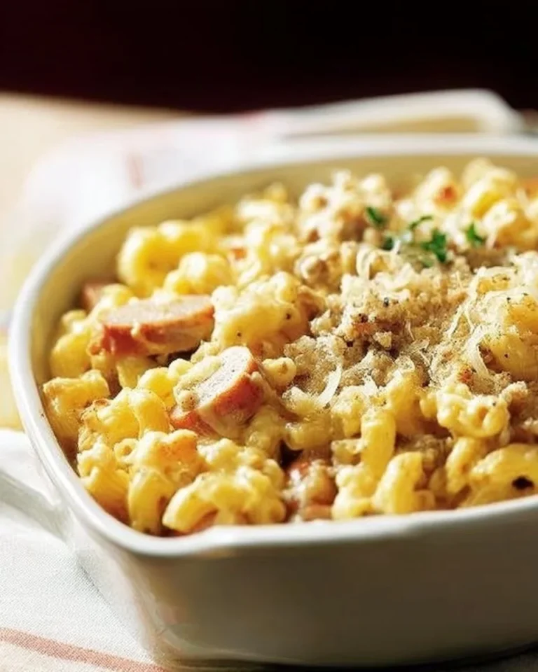 Macaroni and cheese avec saucisses dans un plat appétissant.