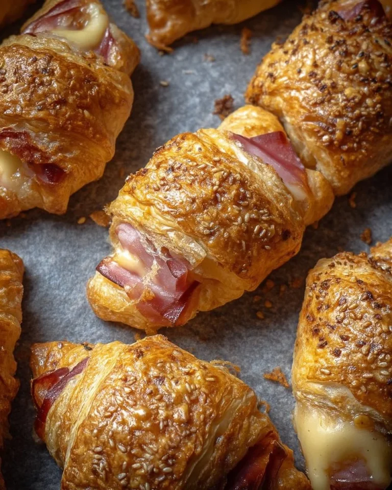 Mini Croissants Feuilletés au Jambon et Fromage, croustillants et gourmands.