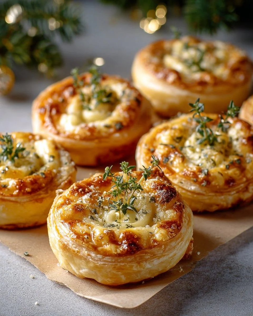 Mini roulés feuilletés au fromage et herbes sur une assiette.