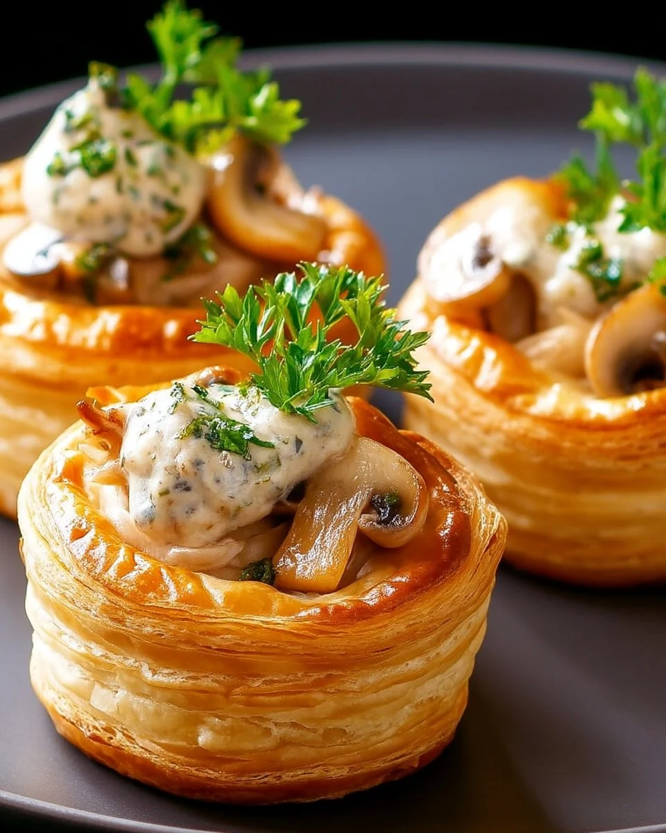 Mini Vol-au-Vent garnis de Crème de Champignons savoureuse et crémeuse.