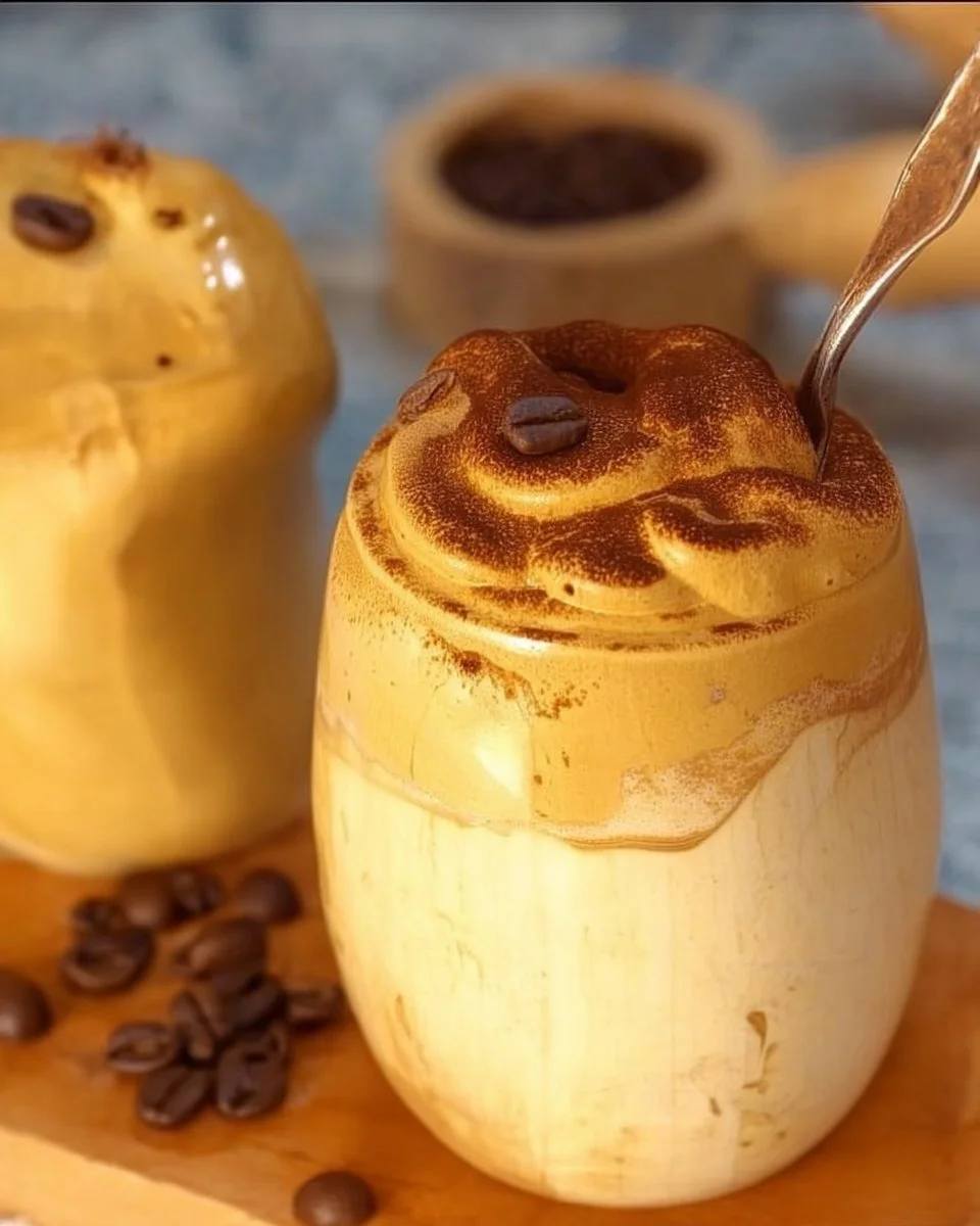 Mousse de café Dalgona servie dans un verre avec une cuillère