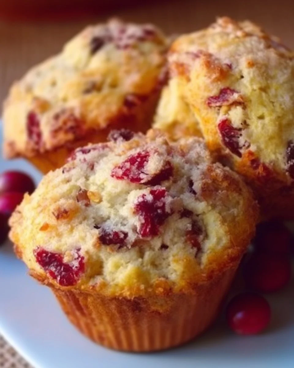 Muffins aux canneberges, orange et noix sur une assiette blanche avec décor naturel.