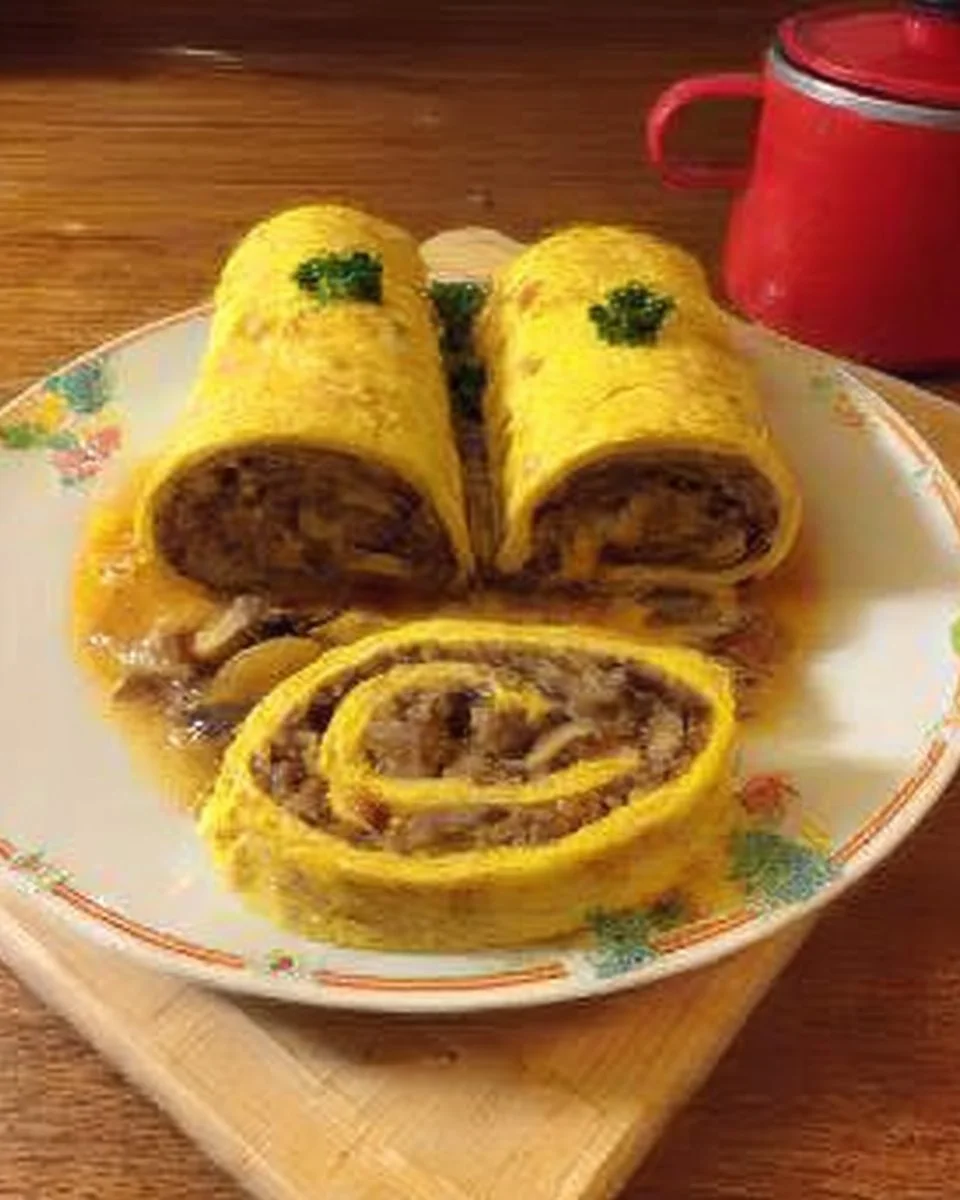 Omelette roulée aux saucisses et champignons, plat savoureux et coloré.