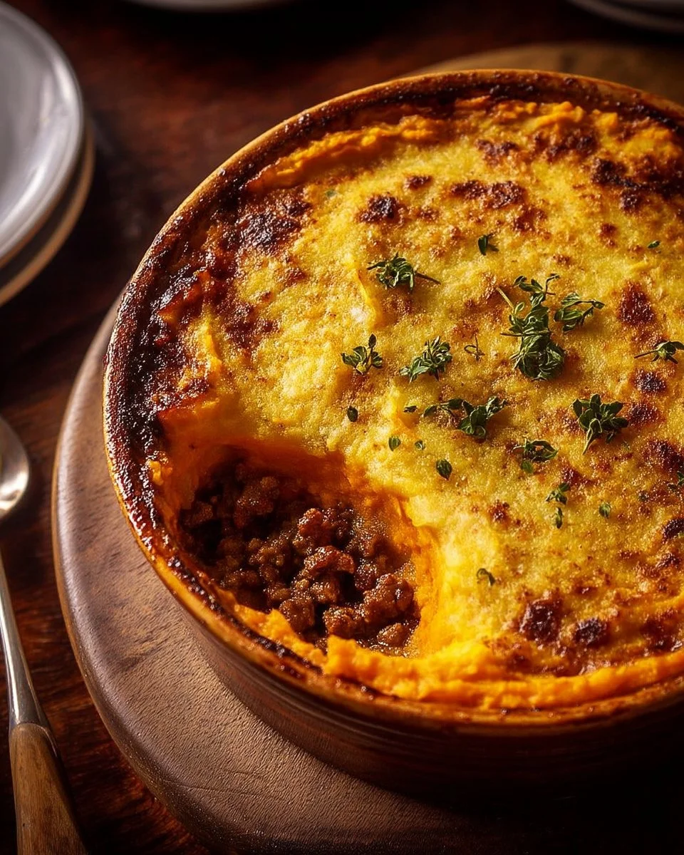 Parmentier de Bœuf à la Patate Douce et Parmesan, un plat réconfortant et gourmet.