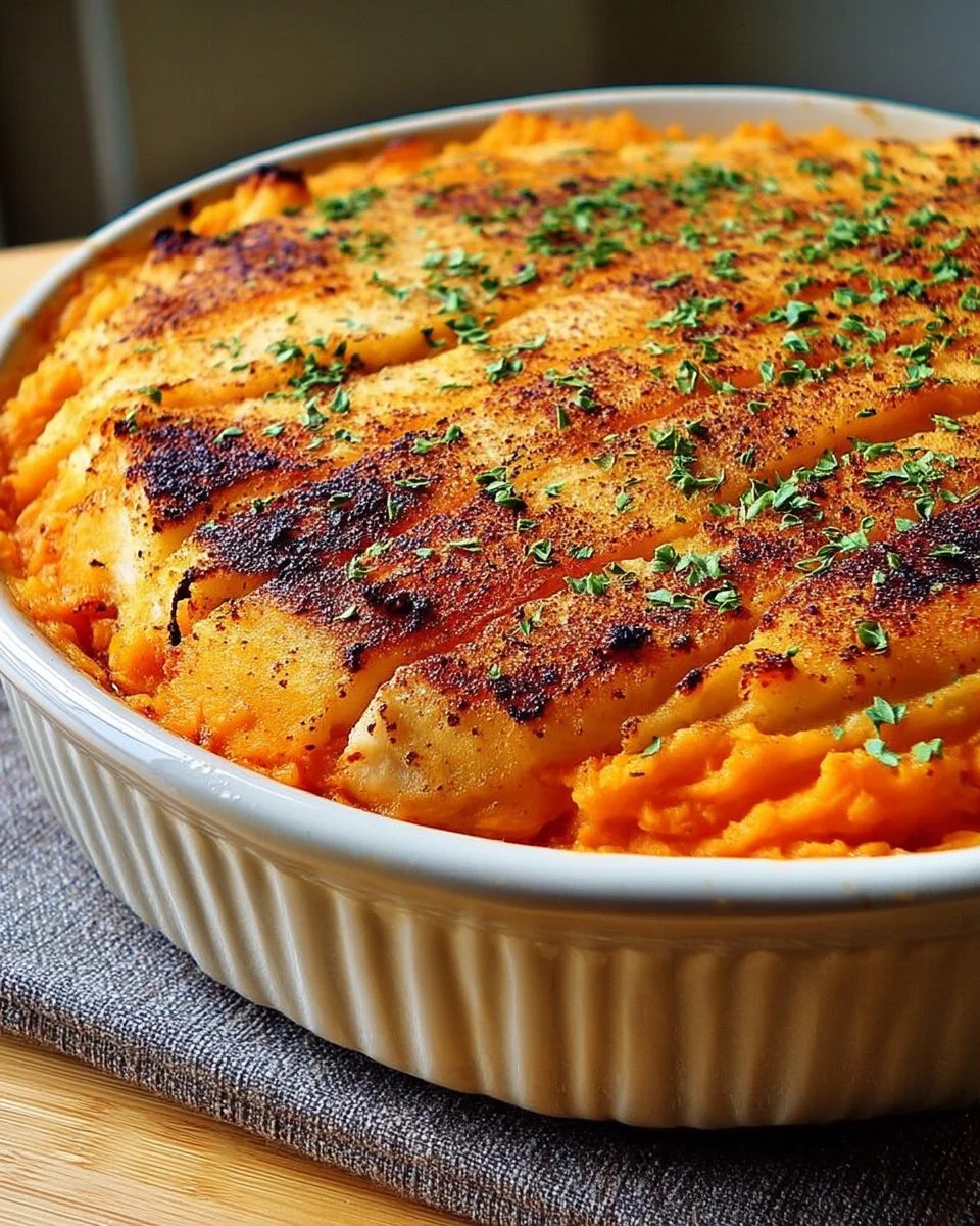 Parmentier de cabillaud et patate douce prêt à être dégusté.