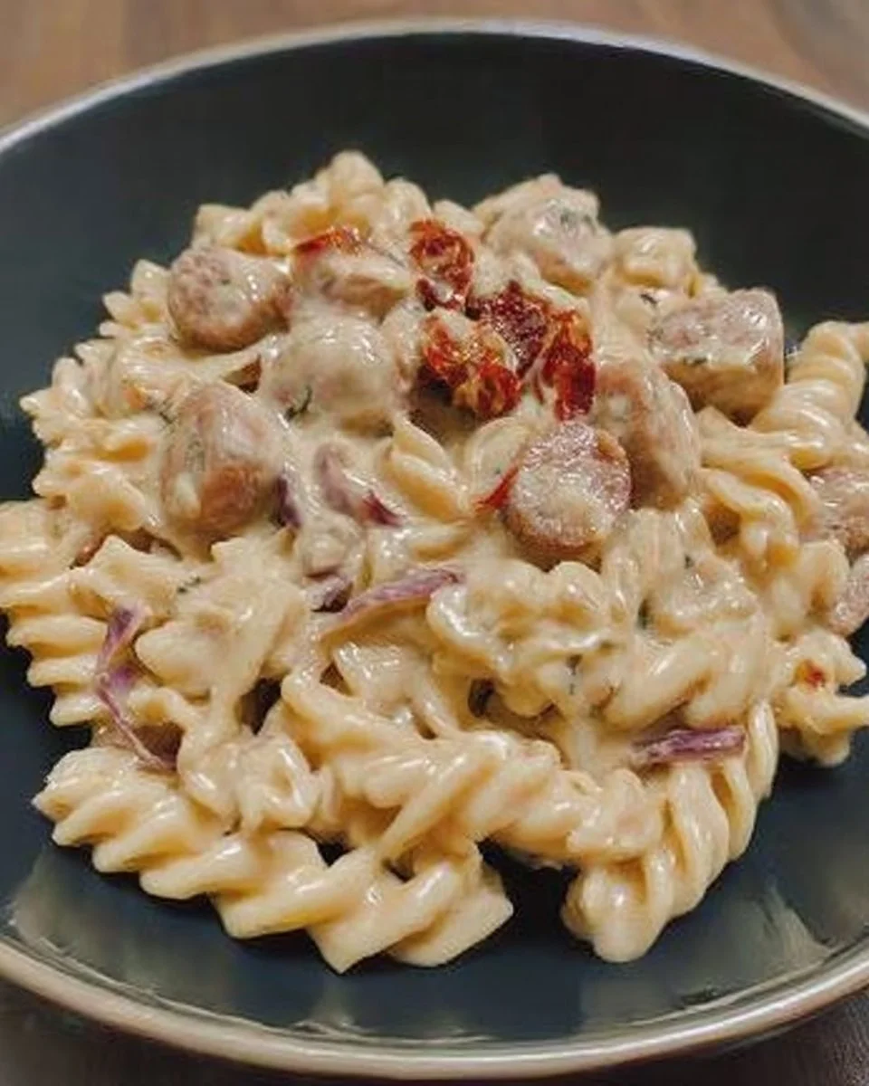 Plat de pâtes crémeuses aux saucisses et champignons garni de parmesan.