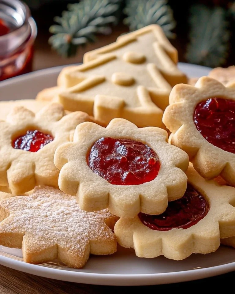 Petits sablés de Noël au beurre avec confiture sur une assiette décorée.