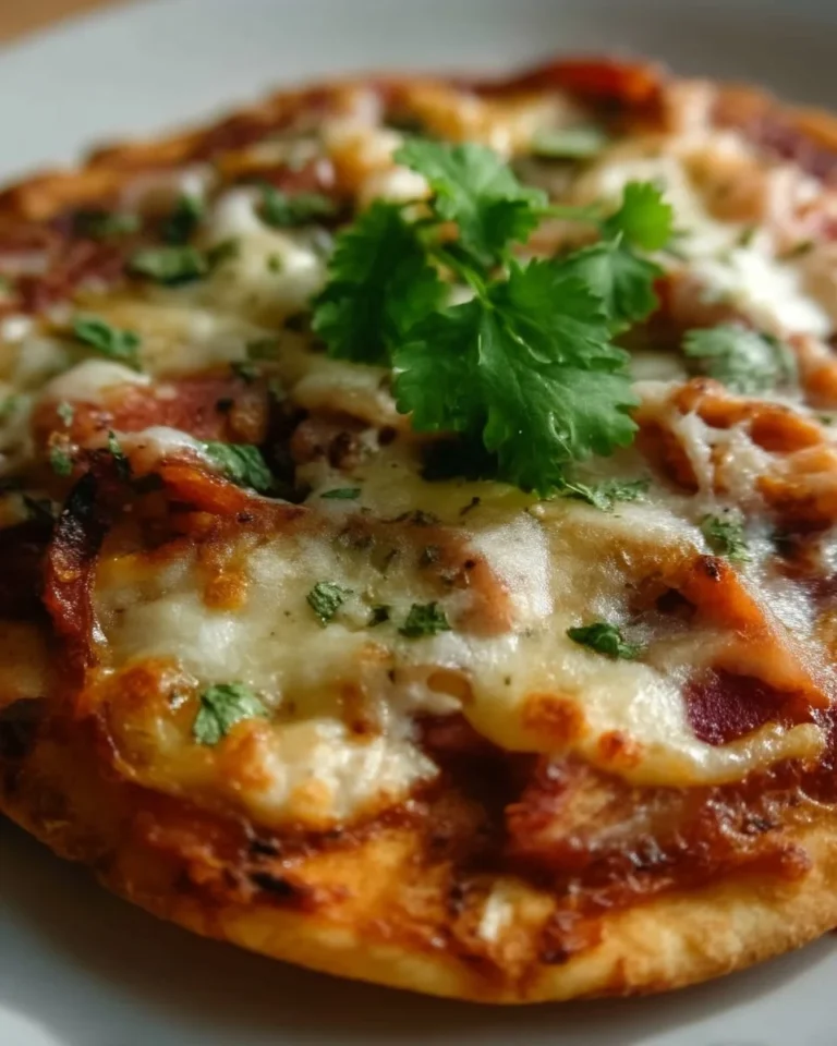Pizza naan prête à déguster, garnie de fromage et de légumes frais.