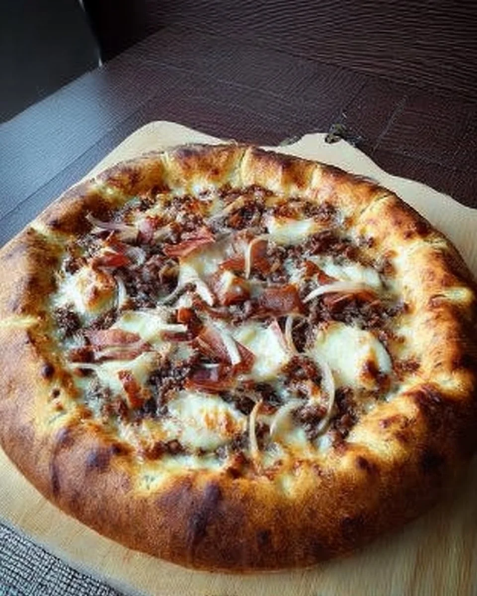 Pizza au boeuf haché et oignons avec une croûte farcie savoureuse