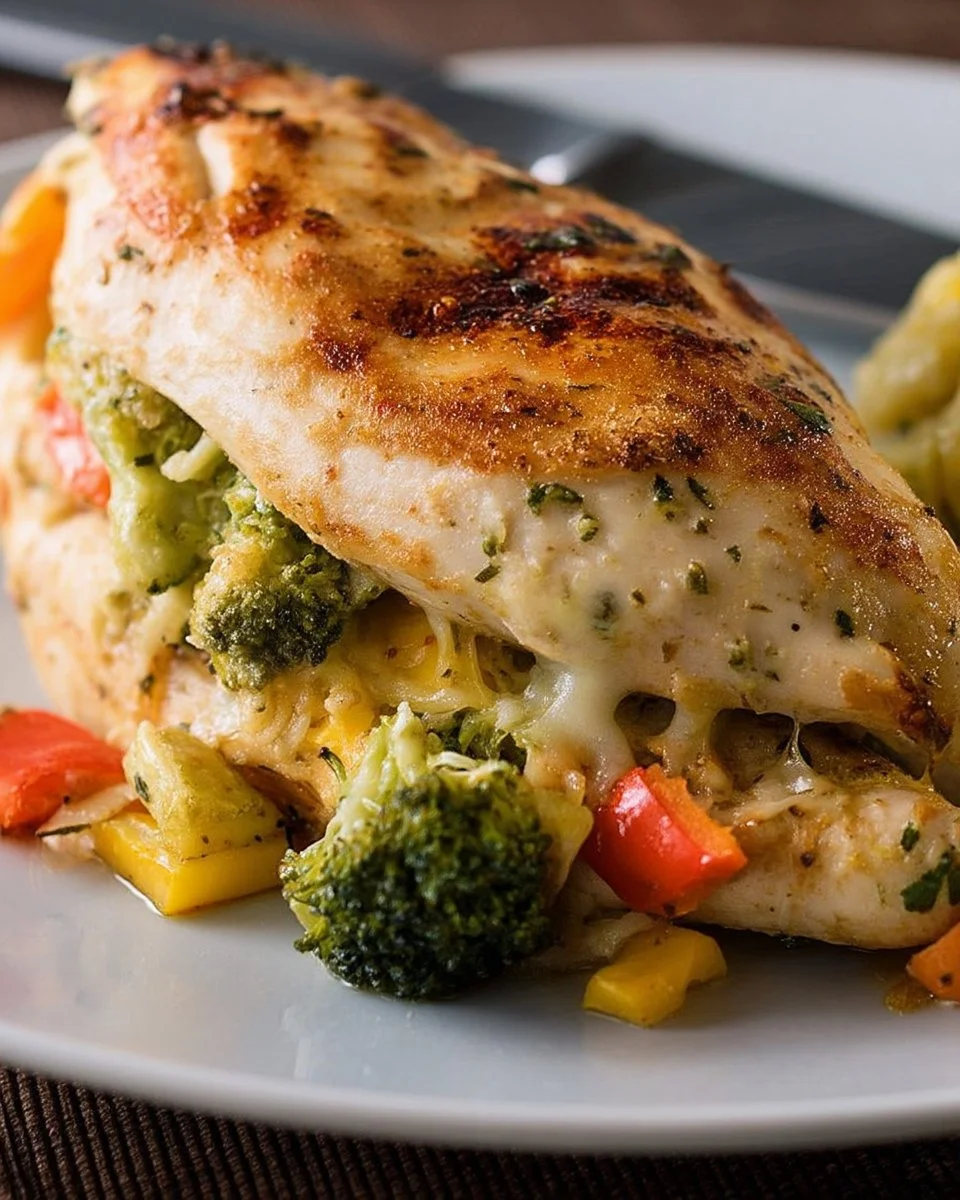 Poitrine de poulet farcie aux légumes et fromage, plat appétissant et coloré.
