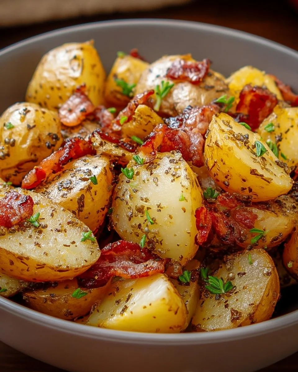 Pommes de terre sautées aux lardons et herbes dans un plat appétissant