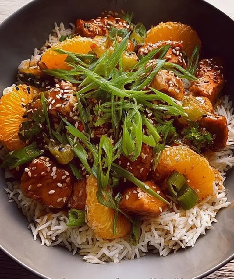 Pork sweet and sour dish featuring clementines and sesame seeds