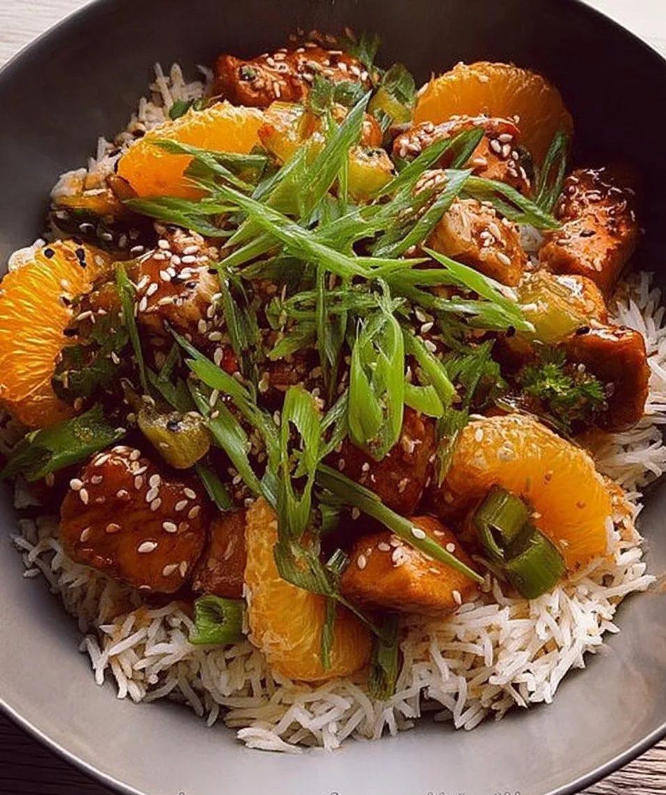 Pork sweet and sour dish featuring clementines and sesame seeds