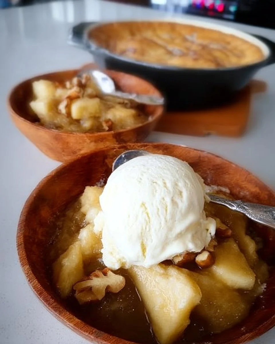 Pouding chômeur à l'érable, aux pommes et aux noix servi dans un bol