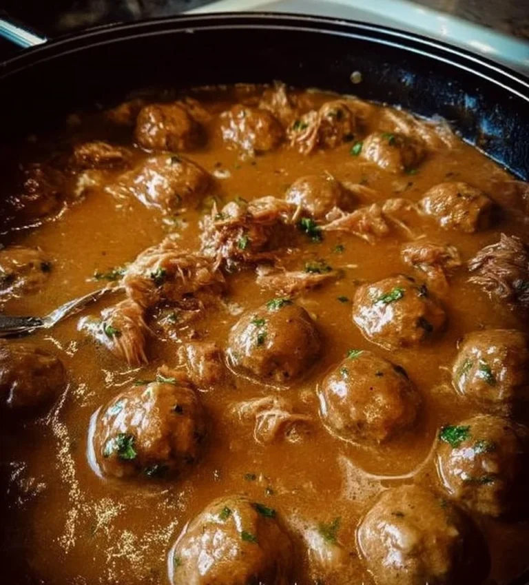 Ragoût de boulettes avec porc effiloché servi dans un bol.