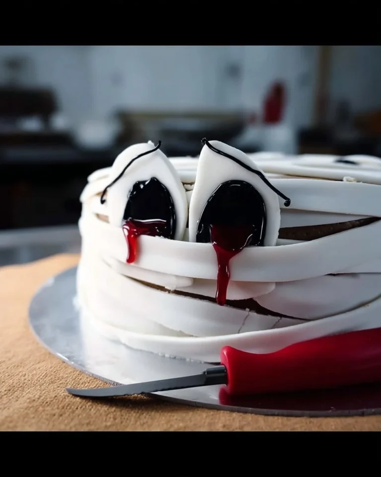 Gâteau momie d'Halloween décoré avec des yeux en bonbons