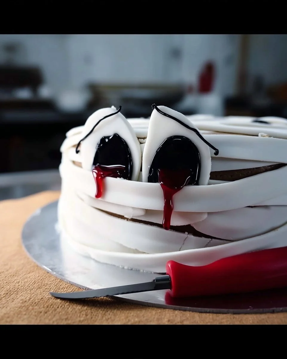 Gâteau momie d'Halloween décoré avec des yeux en bonbons