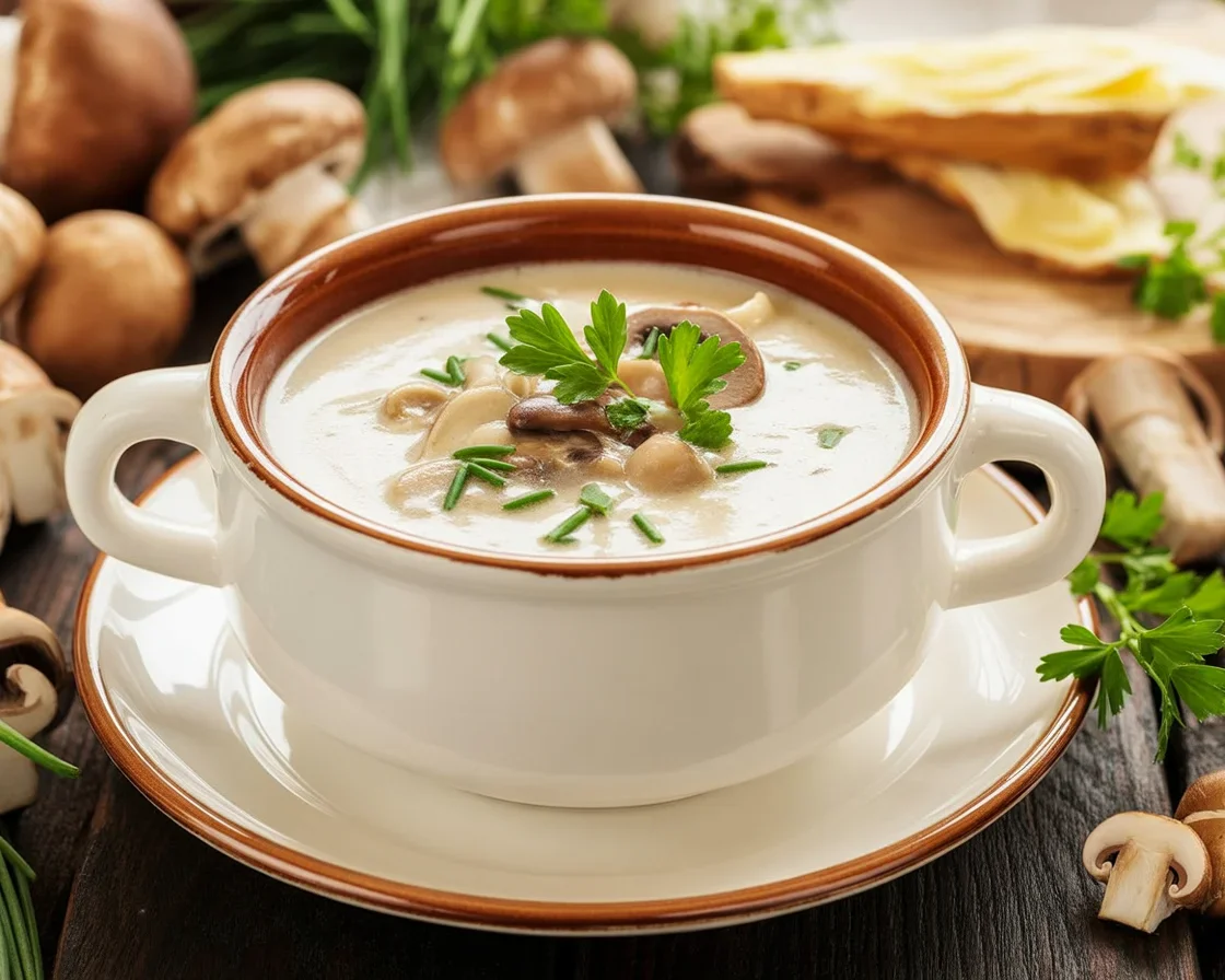Velouté de champignons crémeux avec oignons et ail dans une casserole.