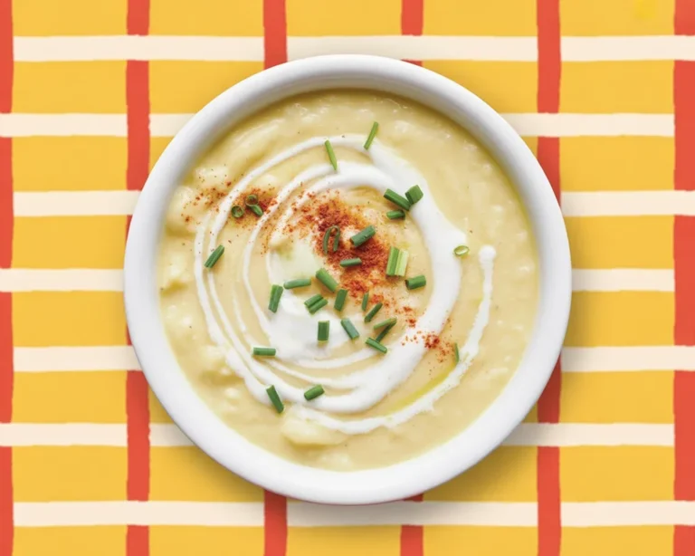 Potage chou fleur et poireau dans un bol, garni de crème et de ciboulette.