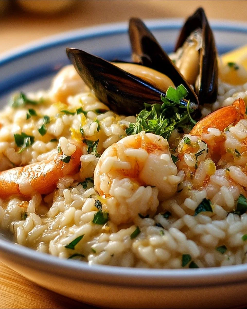 Risotto aux fruits de mer avec zeste de lime dans un plat élégant.