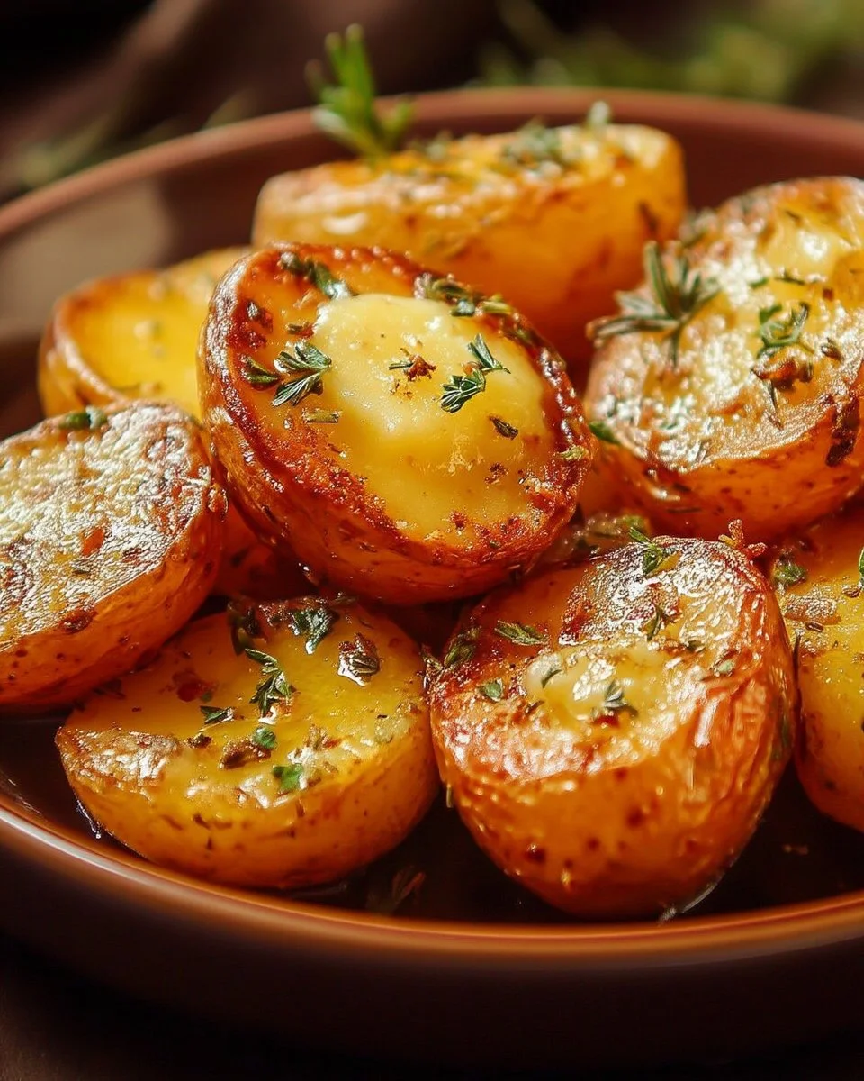 Pommes de terre rôties avec beurre et herbes prêtes à être servies.