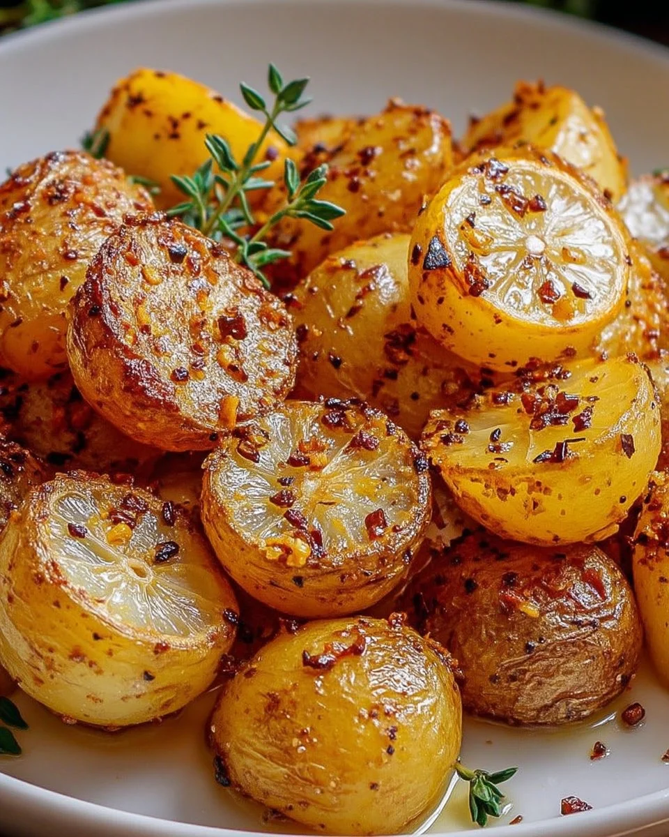 Pommes de terre rôties au citron, ail et thym, garnies d'herbes fraîches