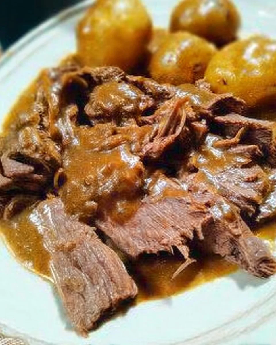 Rôti de palette savoureux en sauce chasseur, prêt à déguster.