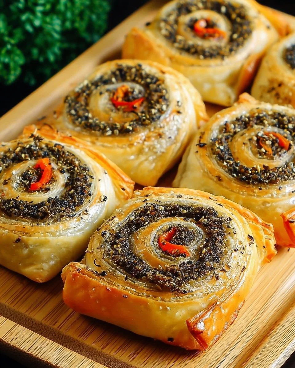 Roulés feuilletés à la tapenade noire et poivron rouge servis en apéritif.