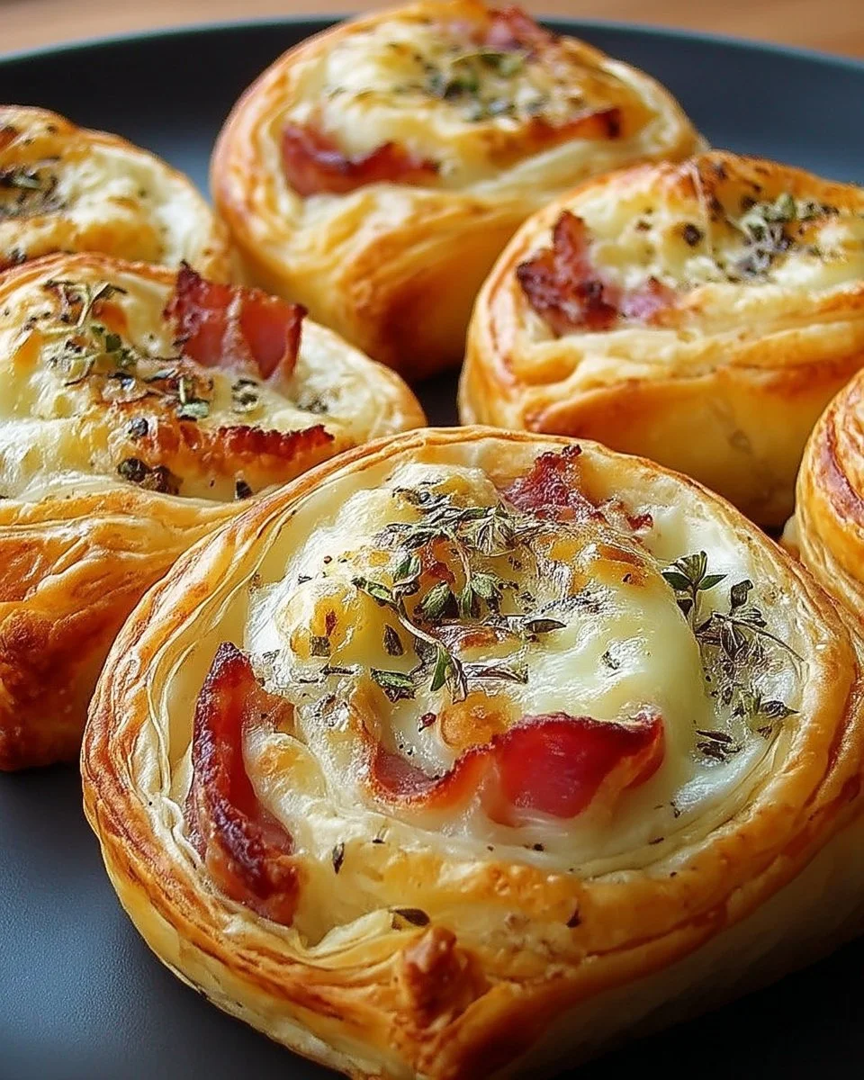 Roulés feuilletés au crème fromage et bacon, parfaits pour apéritifs.