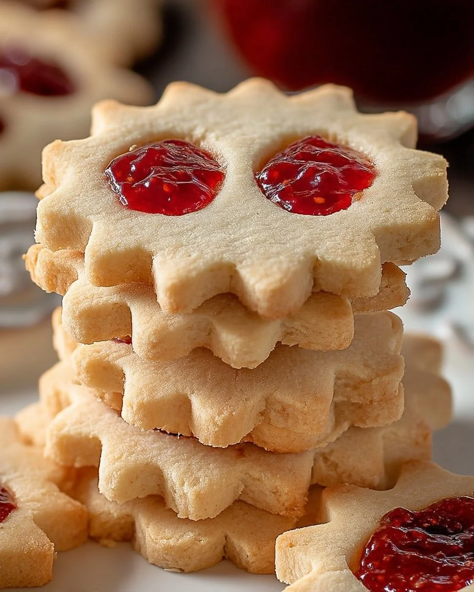 Sablés à la confiture de fraises sur une assiette en bois.