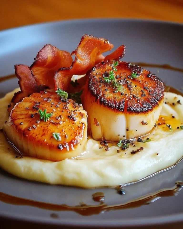 Saint-Jacques poêlées servies sur purée de panais avec chips de lard végétal.
