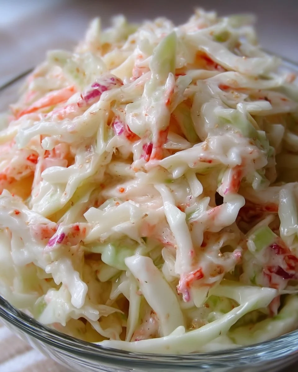 Salade de chou crémeuse servie dans un bol avec des ingrédients frais.