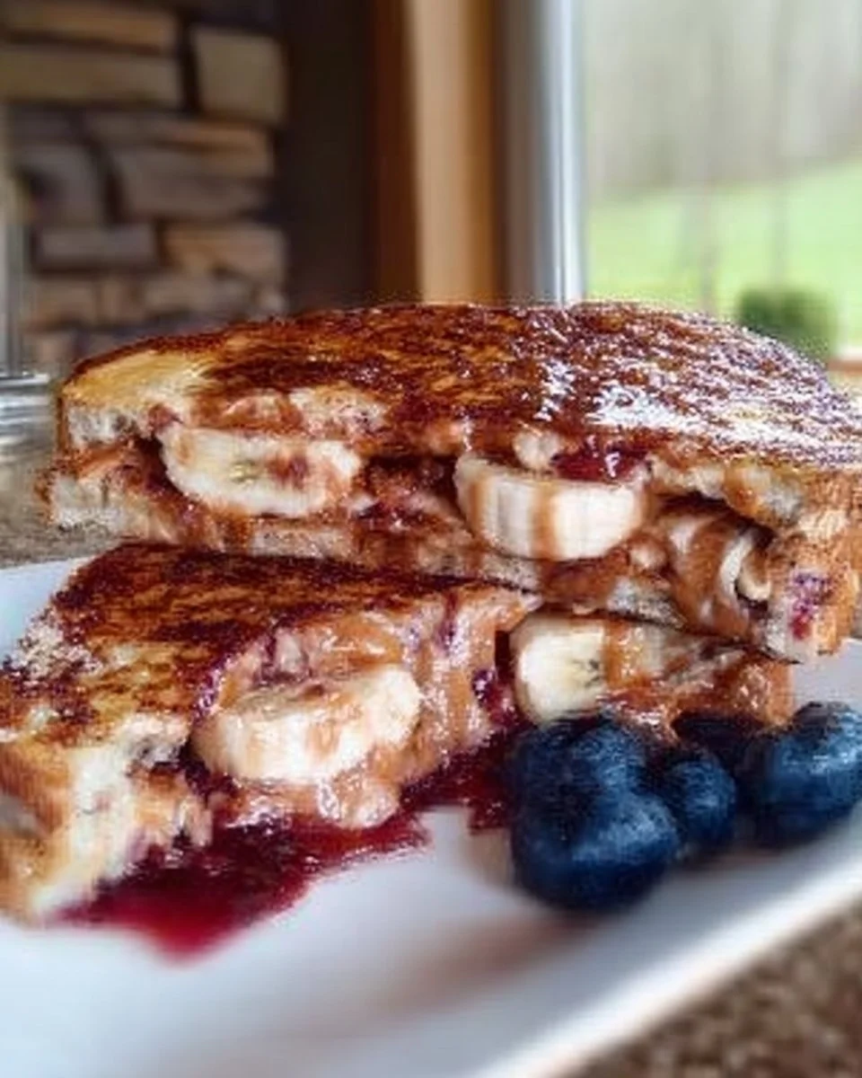Sandwich pain doré avec bananes, beurre d'arachide et confiture sur une assiette