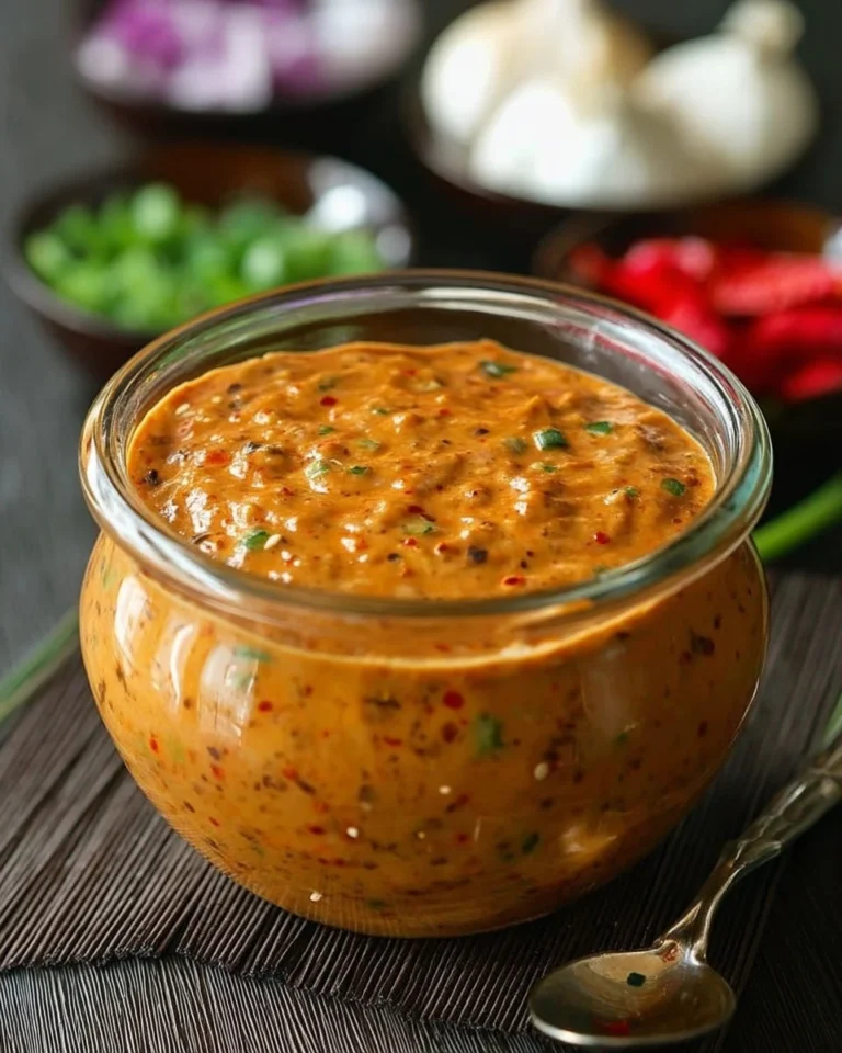 Sauce épicée légère servie dans un bol, garnie d'herbes fraîches.