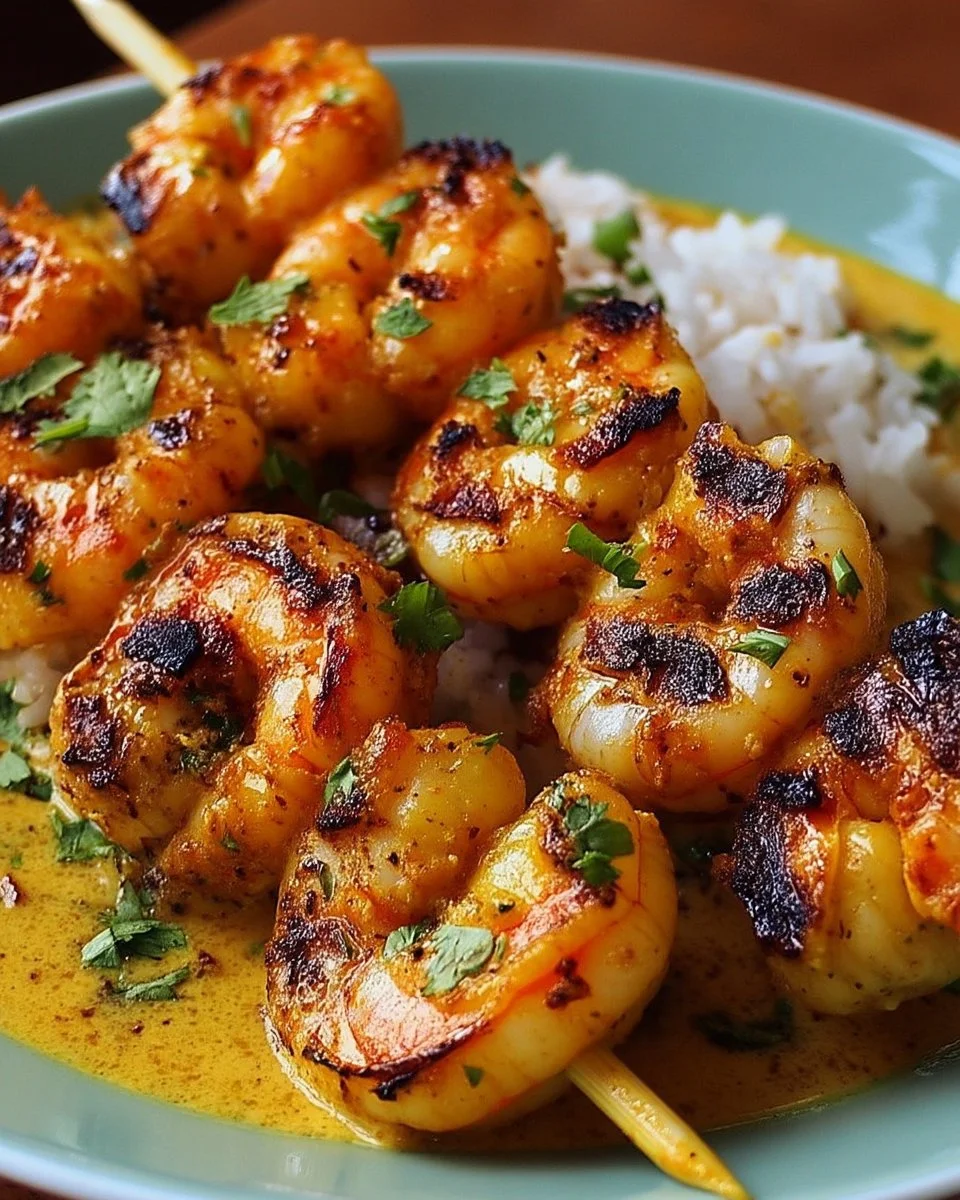 Brochettes de crevettes au curry doux et lait de coco sur un plateau