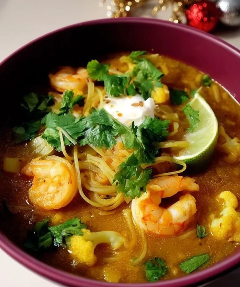 Soupe aux lentilles avec chou-fleur et crevettes dans un bol.