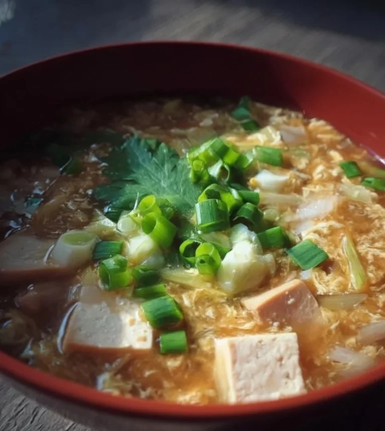 Soupe de tofu aigre-piquante servie dans un bol, garnie d'herbes fraîches.