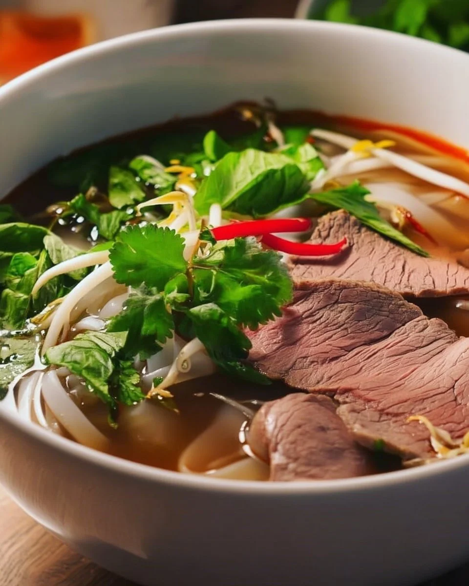Bol de soupe tonkinoise garnie d'herbes fraîches et d'ingrédients savoureux