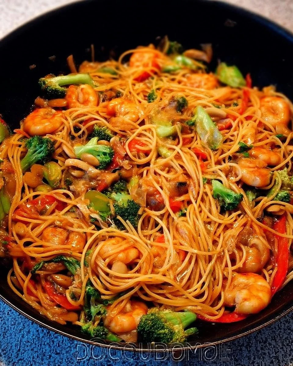 Spaghetti chinois aux crevettes, plat délicieux et coloré