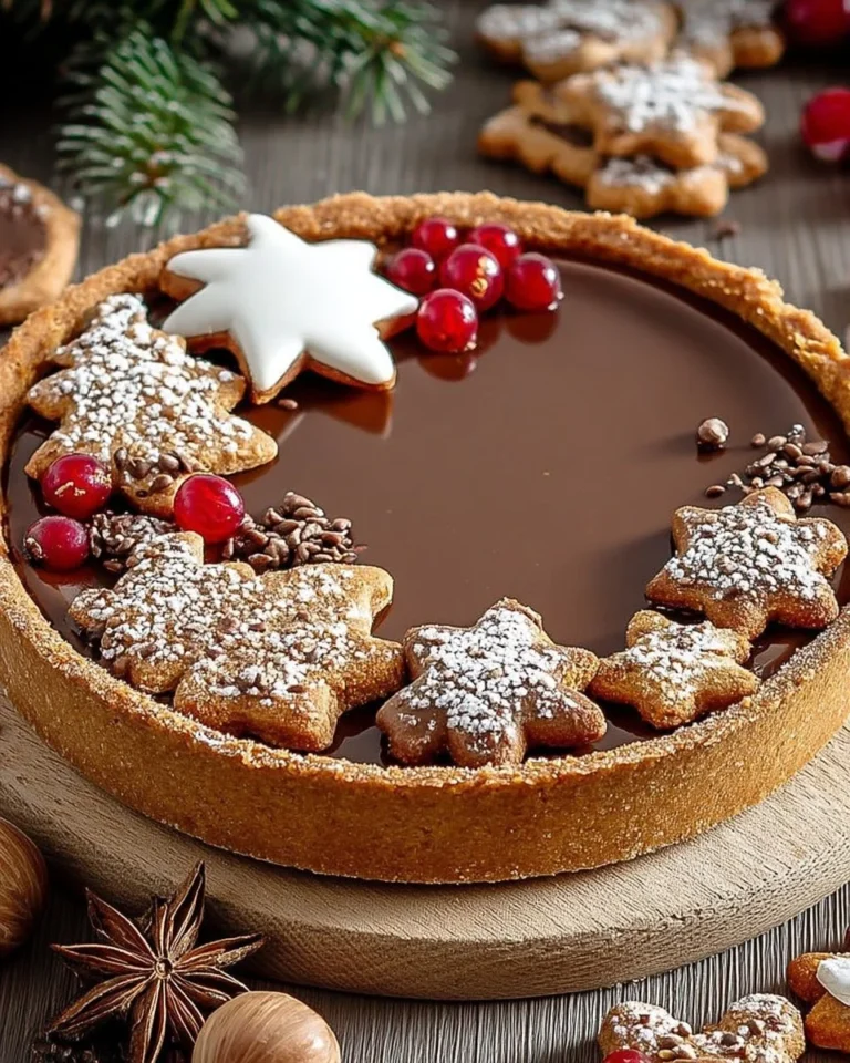 Tarte croustillante au chocolat et sablés de Noël sur une table festive.