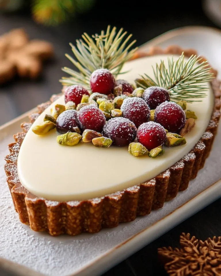 Tarte de Noël au chocolat blanc, garnie de pistaches et canneberges